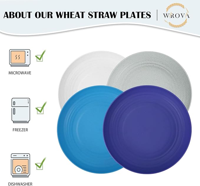 Wheat Straw Plates - 10 Inch Unbreakable Dinner Plates Set of 8 - Dishwasher & Microwave Safe Plastic Plates Reusable - Plates easy to clean for kitchen,camping.White-Grey-Blue, Island Series