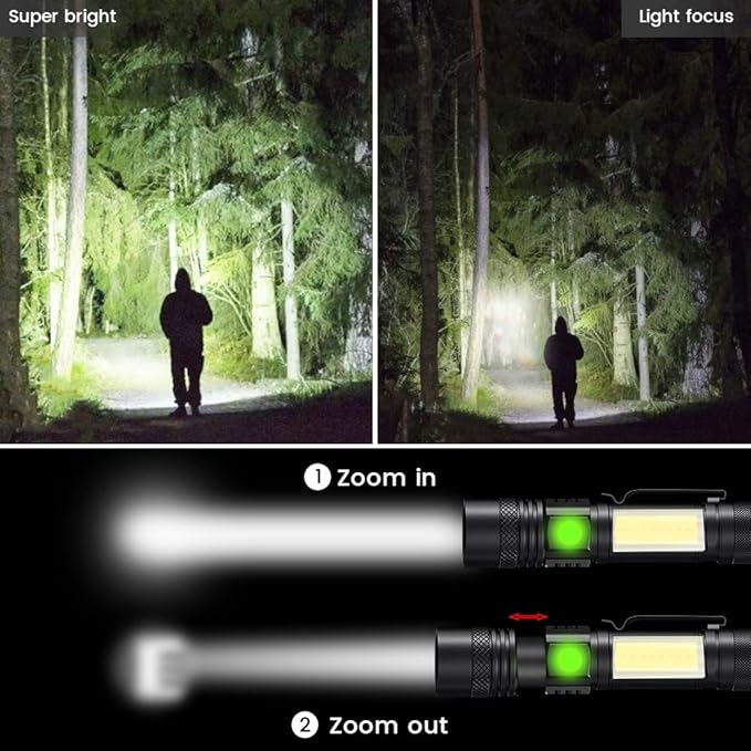 Rechargeable Flashlight, Magnetic LED Flashlight 【Battery Not Included】with COB Work Light, Pocket Tactical Flashlights with 6 Modes,1000 Lumens Super Bright,Waterproof,Zoomable,for Camping,Emergency
