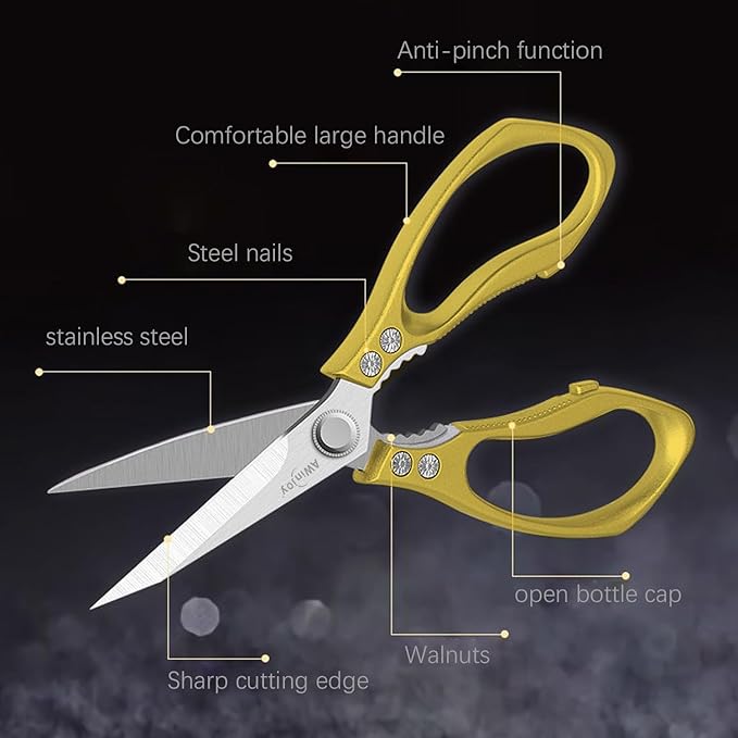 Heavy Duty Sharp Kitchen Scissors, Multipurpose Cutting Scissors for Meat, Chicken, Fish, Poultry, Herbs, Bread - Dishwasher Safe - Gift (Gold)