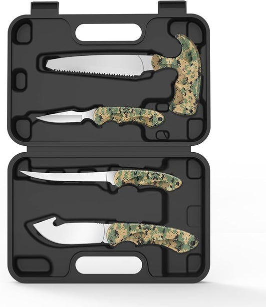 Jellas Hunting Knife Kit, 6 Pieces Stainless Steel Knife Set with Gut Hook, Skinning, Boning, Saw, Gloves & Case for Games, Camping, Fishing, Survival (HF01)