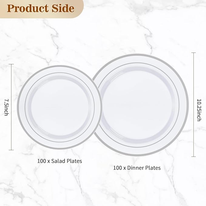 200PCS Silver Plastic Plate, Disposable Party Plates with 100 Dinner Plates and 100 Dessert Plates, Plastic Plates for Party, Wedding and Birthday