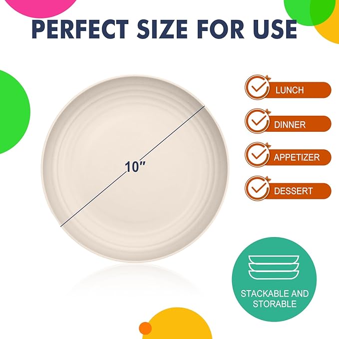 Homienly Wheat Straw Plates 8 PCS Unbreakable Dinner Plates - 10 inch Dishwasher & Microwave Safe Plastic Plates Reusable Lightweight Roud Plates, Plates for Kitchen, Dinner, Outdoor,Picnic (Beige)