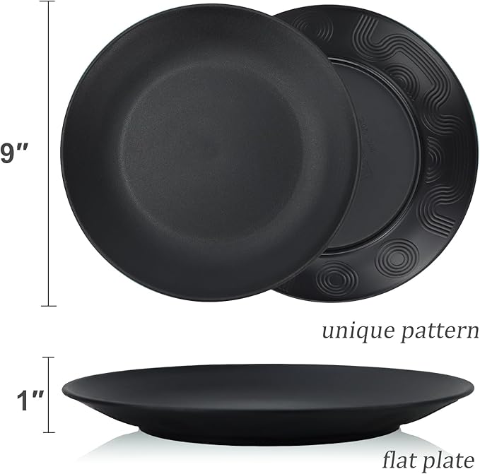 Wheat Straw Dinner Plates 9 Inch Unbreakable Set of 8 - Dishwasher & Microwave Safe Plastic Plates Reusable - Lightweight Plates for Kitchen,Camping,Apartment,Dorm,RV - Pure Black