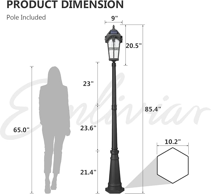 Emliviar 85.4" Black Solar Powered Street Light Fixture for Pathway with Remote Control, Dusk to Dawn Waterproof Pole Lamp with LED Bulb, Post Lighting with Water Grain Glass Shade, YXE302MPL-SL BK