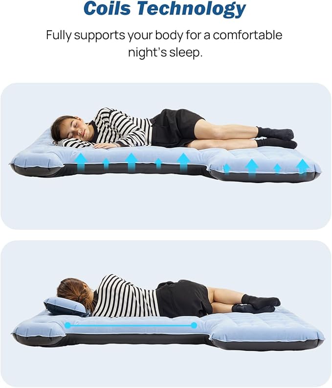 JOYTUTUS Upgraded Light Version Truck Bed Air Mattress for Camping, Thicken Inflatable Mattress for 5.5-5.8Ft Short Truck Bed,with Built-in Cup Holder&2 Inflatable Pillow,Full-Size,Grey Blue