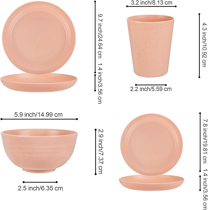 Rubtlamp 16Pcs Plastic Wheat Straw Dinnerware Set, Reusable Plastic Plate Set for 4, Kitchen Plates And Bowls Set (Orange Pink) for Daily, Camping