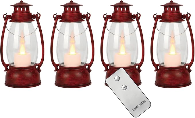 LLQ Small Red Lanterns Decorative with Remote, 7-inch Vintage Western Lanterns with Flickering LED Candle, Camping Decorations, Western Party Decorations, Christmas Centerpieces for Tables, 4-Pack