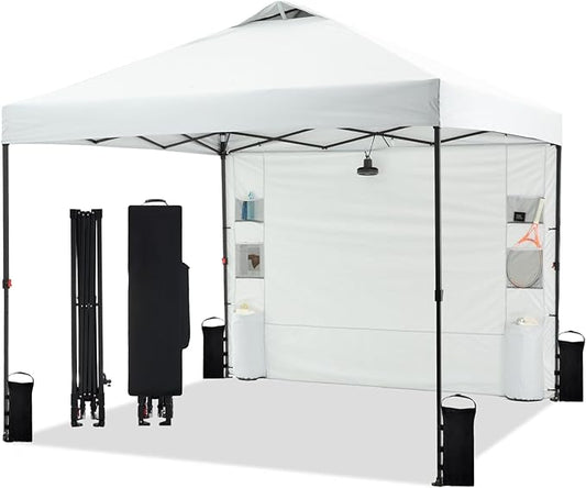 10'x10' Pop Up Canopy Tent with 1 Sidewall and 6 Pockets, One Push Setup, Instant Shade Tent with Vented Roof for Beach Patio Outdoor, Case, 8 Stakes, 4 Ropes, 4 Sandbags (White)