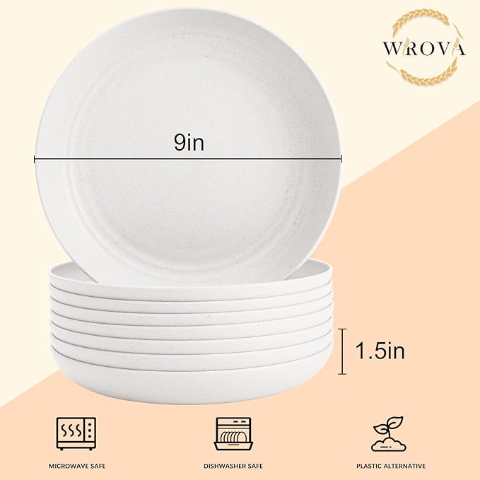 Wheat Straw Plates - 9 Inch Unbreakable Dinner Plates Set of 8 - Dishwasher & Microwave Safe Plastic Plates Reusable for Kitchen and Camping (white)