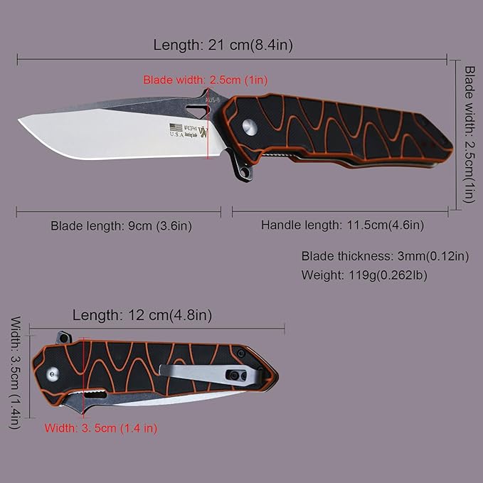 8.4in Folding Knife AUS-8 Steel Blade, G10 Handle with Anti-Slip Texture, Ball Bearing Pivot, Stonewashed Finish, EDC Pocket Knife for Camping, Hiking, Survival (AUS-8 (G10 black/orange))