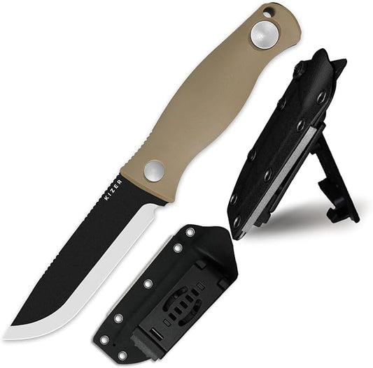 Kizer Polaris Fixed Blade Knife, 4.23" 1095 High Carbon Steel Blade Camping Knife with Tan G10 Handle, Survival Hunting Bushcraft Knives with Adjustable Sheath & Sharpener, 1100A4