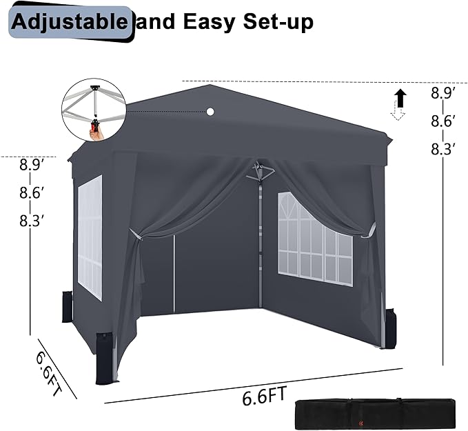 SANWAY 6.6x6.6 Pop Up Canopy Tent with Sidewalls x 4 –with Rome Window, Waterproof, UV-Resistant, Portable with Carry Bag for Outdoor Events, Camping, and Backyard Parties – Dark Gray