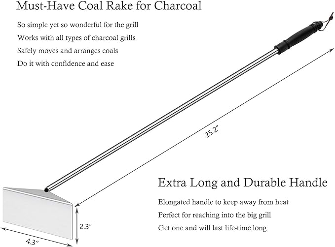 Charcoal Grill Ash Rake Hoe for Fireplace Wood Stove Pizza Oven, Stainless Steel BBQ Cleaner Poker Scraper, Elongated Cleaning Tool Accessories for Smoker, Ceramic, Kamado, Vision Grills