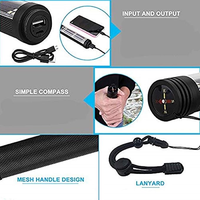 XREXS Solar & USB Rechargeable LED Flashlight (Portable, Strong)- Car Emergency & Roadside Kit | Power Outage Rescue Light | for Hiking, Camping, Outdoor | 2000mAh Battery & 7 Working Modes