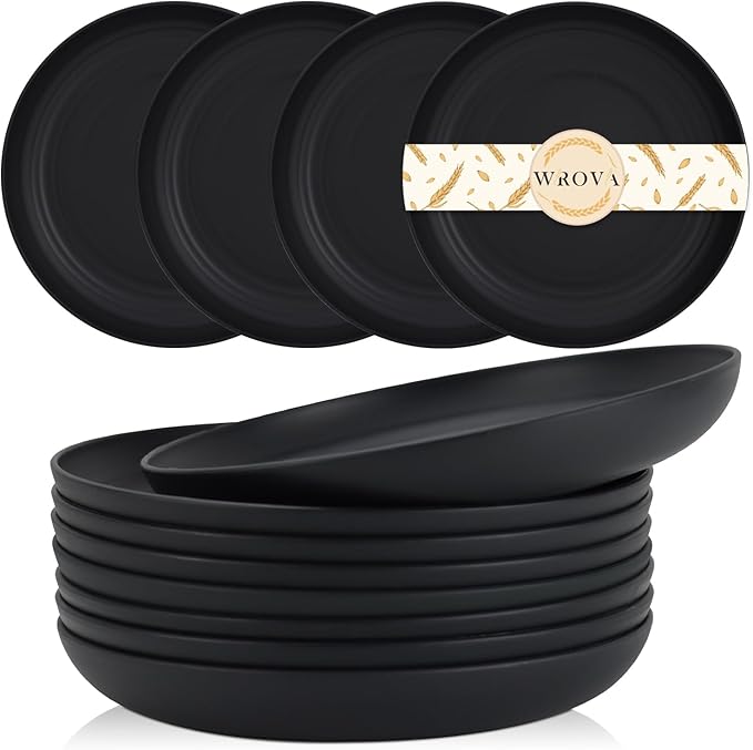 Wheat Straw Plates - 9 Inch Unbreakable Dinner Plates Set of 8 - Dishwasher & Microwave Safe Plastic Plates Reusable - Lightweight Plate for kitchen,camping (pure black)