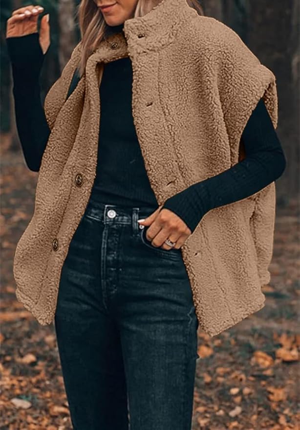 Hongqizo Womens Fuzzy Fleece Vest Casual Oversized Warm Button Down Sherpa Vest Jacket with Pockets
