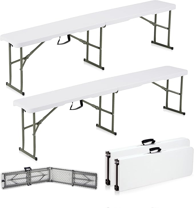 6ft Plastic Folding Bench with Carrying Handle & Lock, Portable Outdoor Bench in Garden Picnic Camping Dining Party Seat, Waterproof Bench for Soccer Activities, Firm and Durable(2 Pack C)