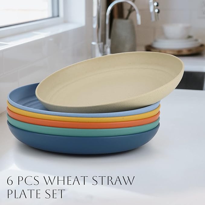 Homienly 6-Piece Wheat Straw Dinner Plates - Microwave & Dishwasher Safe, Unbreakable Kids Plates with 6 Colors (8 INCH)