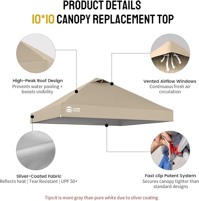 CROWN SHADES 10x10 Canopy Replacement Top - Only Compatible with Crown Shades RM100H Series, Silver Coated with Air Vent, Khaki (Top Only)