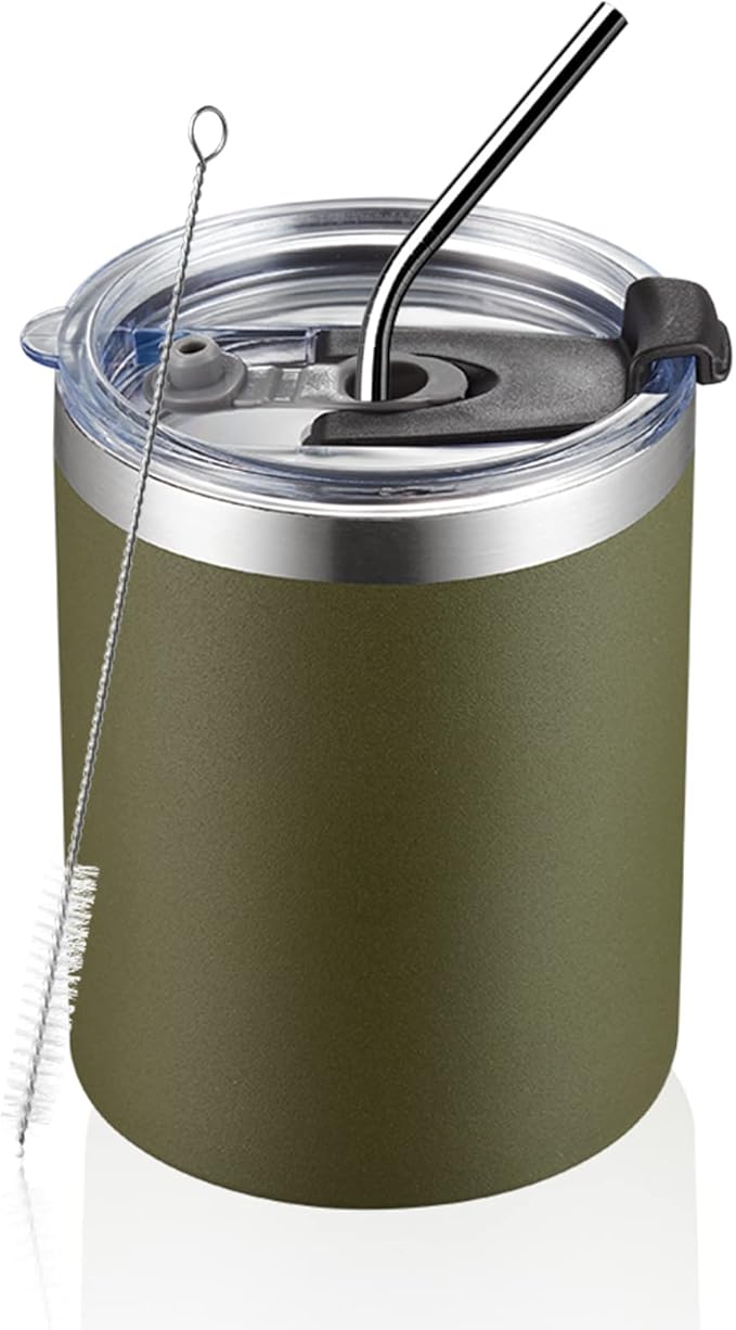 MEWAY 12 oz Lowball, Tumbler Stainless Steel Double Wall Vacuum Insulated Mug with Straw and Lid, Cleaning Brush ,Durable Powder Coated Insulated Coffee Cup for Cold & Hot Drinks (Army Green,1 Pack)