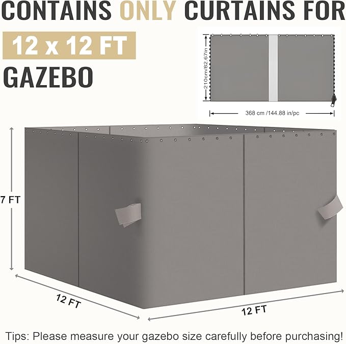 COWVIE 4-Panel 12' x 12' Gazebo Replacement Curtains, Patio Privacy Sidewalls with Double Zipper, Replacement for Outdoor Gazebo Canopy (Curtain Only)
