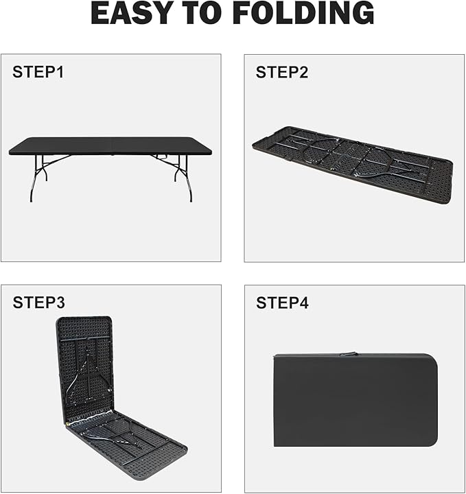 Portable Plastic Folding Table 4ft/6ft/8ft Heavy Duty White Black Picnic Dining Table Fold-in-Half for Camp Party Kitchen Indoor Outdoor