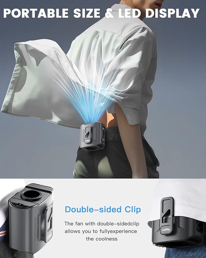 coldSky Portable Waist Fan, 10000mAh Rechargeabl with LED Display & 60H Runtime, 11000RPM Brushless Motor Shirt Fan, 5 Speeds for Outdoor Work, Camping, Farm, Jobsite (Gray)