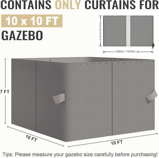 COWVIE 4-Panel 10' x 10' Gazebo Replacement Curtains, Patio Privacy Sidewalls with Double Zipper, Replacement for Outdoor Gazebo Canopy (Curtain Only)