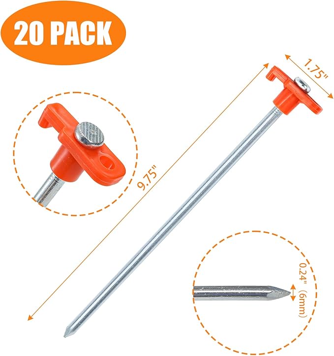 Yesland 20 Pack Tent Stake Heavy Duty, 10 Inch Non-Rust Metal Tent Pegs Ground Yard Stake Tent Spikes for Camping Patio, Garden, Canopies, Grassland, Outdoor, Hiking, Orange