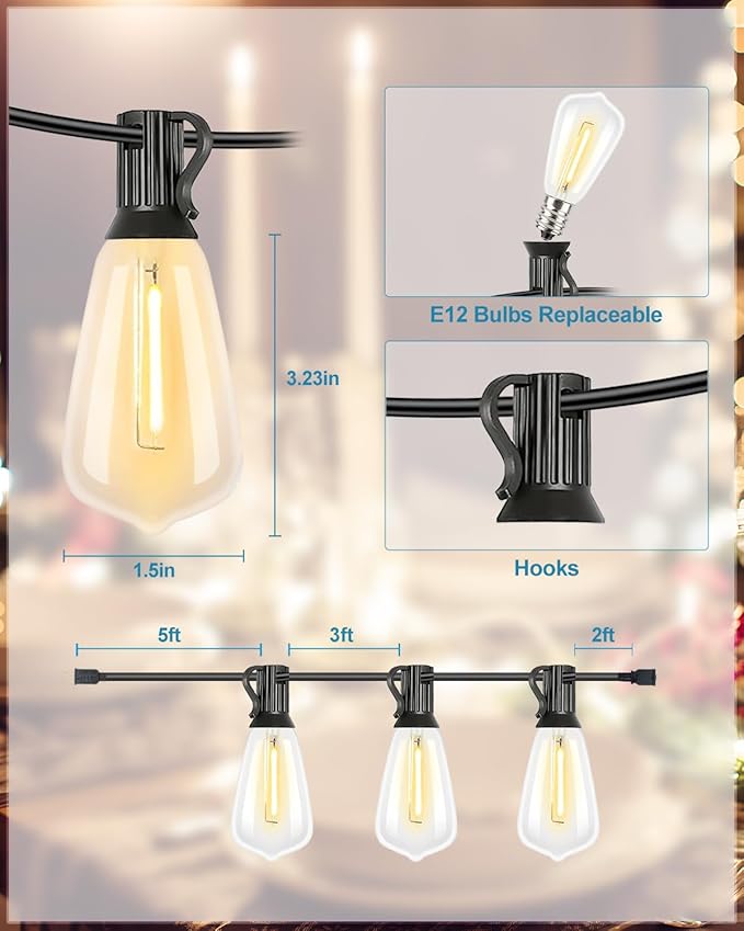 Lightdot 500FT Outdoor String Lights, LED Bistro String Lights with Shatterproof ST38 Bulbs, 2200K Dimmable, Waterproof Hanging Lights for Porch, Party, Garden, Backyard, Balcony
