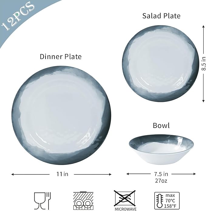 Melamine Dinnerware Sets-12 Pieces Outdoor Plates and Bowls Set for 4, Durable Dinner Plates for Camping Picnics Party, Chip Resistant Dishes, Grey Blue, Dishwasher Safe