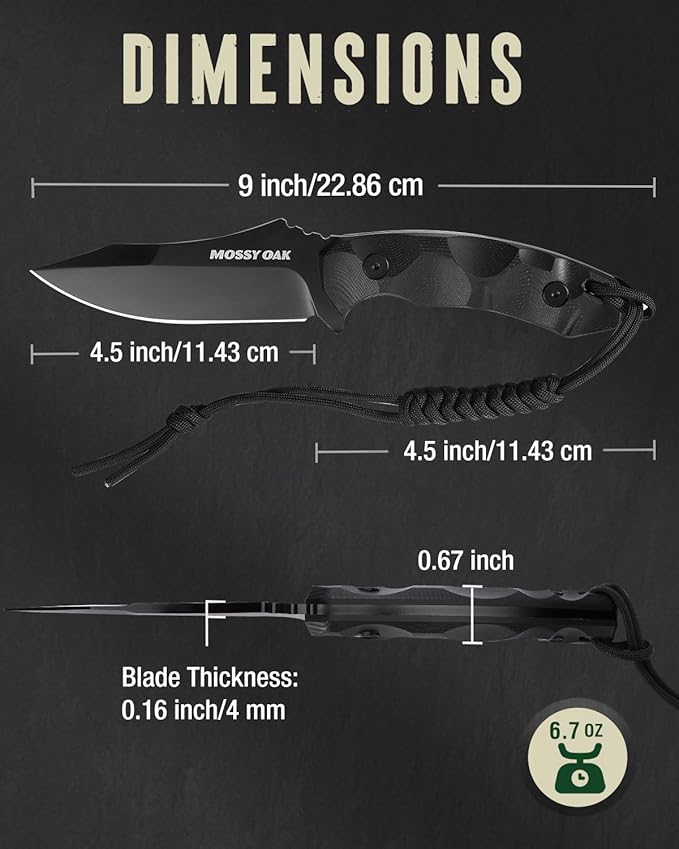 Mossy Oak 9" Fixed Blade Hunting Knife with Sheath, 14C28N Full Tang, G10 Handle Outdoor Knife for Survival, Camping, Hiking(Black)