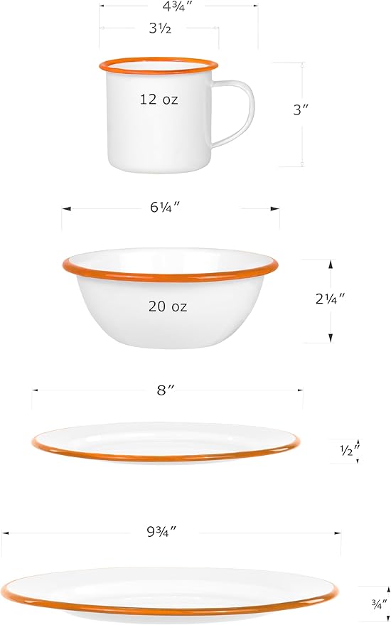 Red Co. 16-Piece Enamelware Metal Dinnerware Set for 4, Solid White/Orange Rim