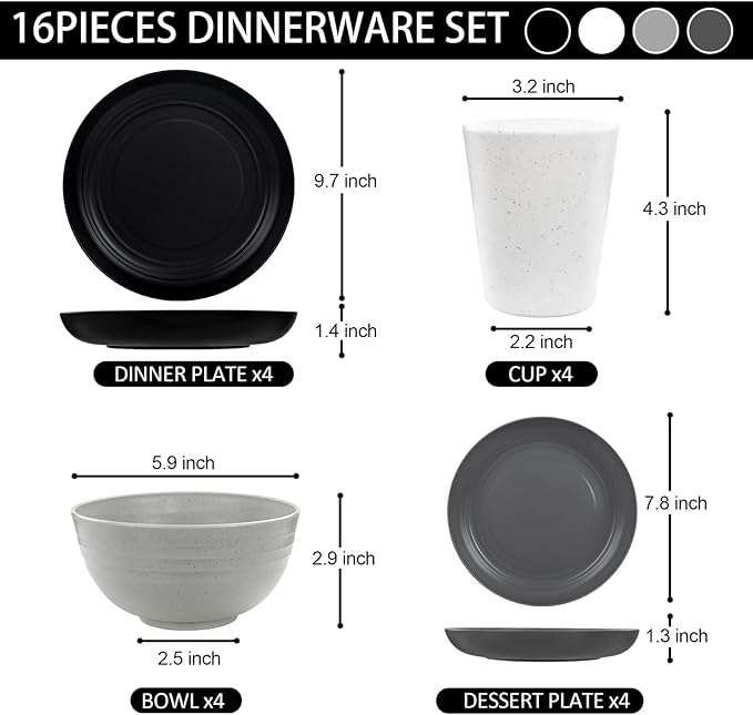 Supernal 16pcs Kitchen Plates and Bowls Set, Wheat Straw Dinnerware Sets,Unbreakable Dishwasher Safe, Plates Wheat Straw Dishes Set for Four Colors, Plate Cereal Bowl Cup for Kitchen & Outdoor