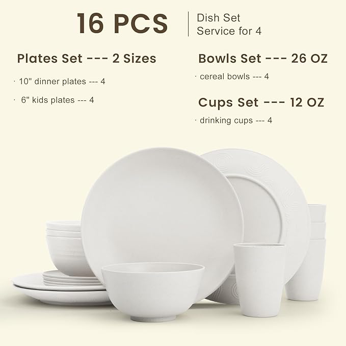 Homienly Wheat Straw Dinnerware Sets - 16 PCS Unbreakable Dinner Plates,Dessert Plates,Cereal Bowls,Drinking Cups,Dishes Sets for 4,Reusable Dishwasher & Microwave Safe for Kitchen - White