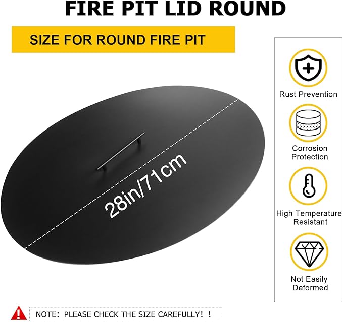 28" Fire Pit Lid Round Outdoor Fireplace Cover Lid Heat Resistant Flat Burner Pan Cover for Round Patio Fire Pit Prevent Sparks, Snuff Campfire