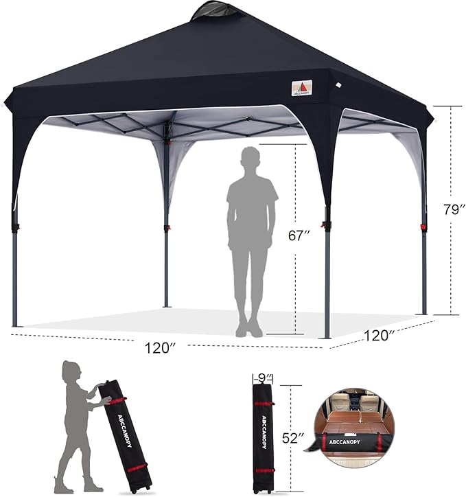 ABCCANOPY Outdoor Pop up Canopy Tent, 10x10 Instant Portable Canopy for Camping, Beach, Backyard, Black