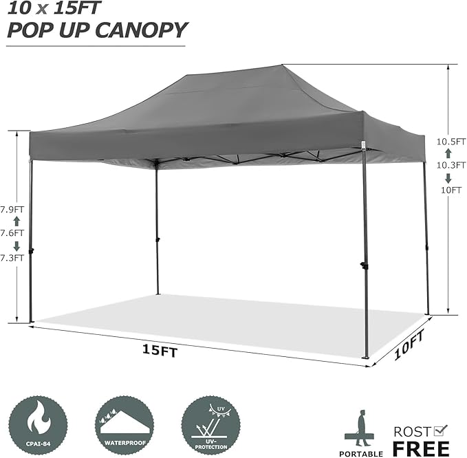 COBIZI 10x15 FT Pop up Canopy Tent,Heavy Duty Easy Up Commercial Outdoor Party Canopy Tents for Wedding Parties All Season Wind & Waterproof Gazebo with Carry Bag,Gray(Frame Thickened)
