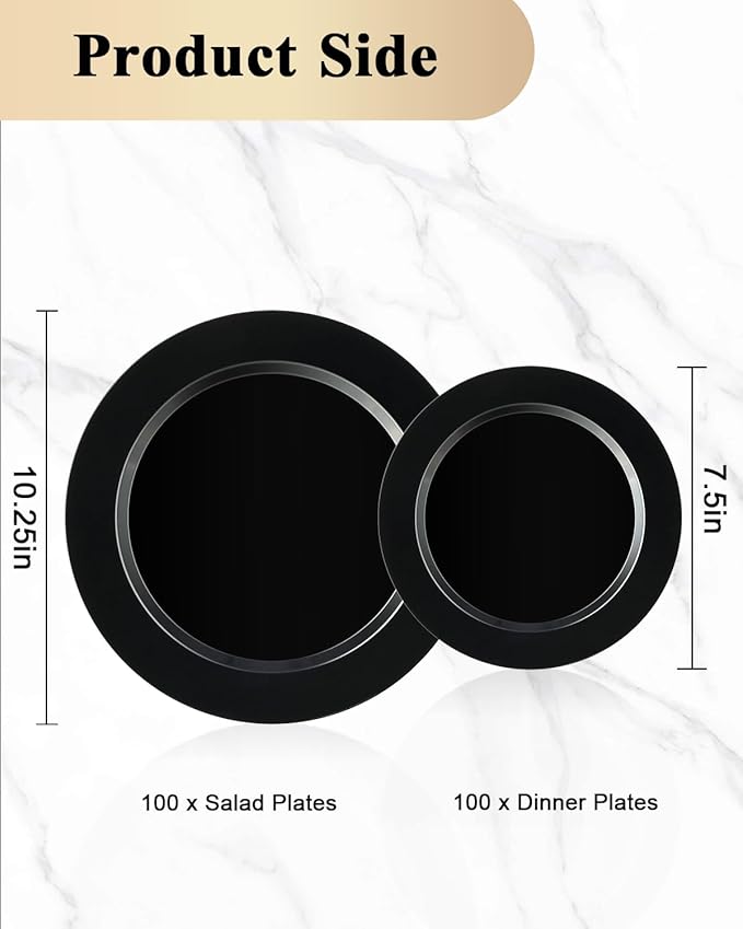 100PCS Black Plastic Plates, Disposable Party Plates with 50 Dinner Plates and 50 Dessert Plates, Plastic Plates for Party, Wedding Birthday and Halloween (Black, 100PCS)