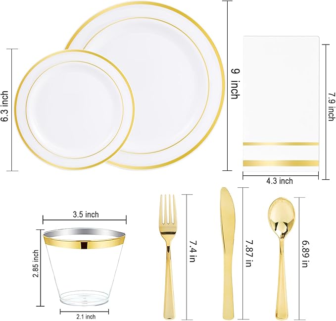 NOCCUR 700PCS Gold Plastic Plates - Gold Disposable Dinnerware Set for 100 - Include 200 Dinner/Dessert Plates,300 Cutlery,100Cups,100Napkins, Idea for Wedding&Party