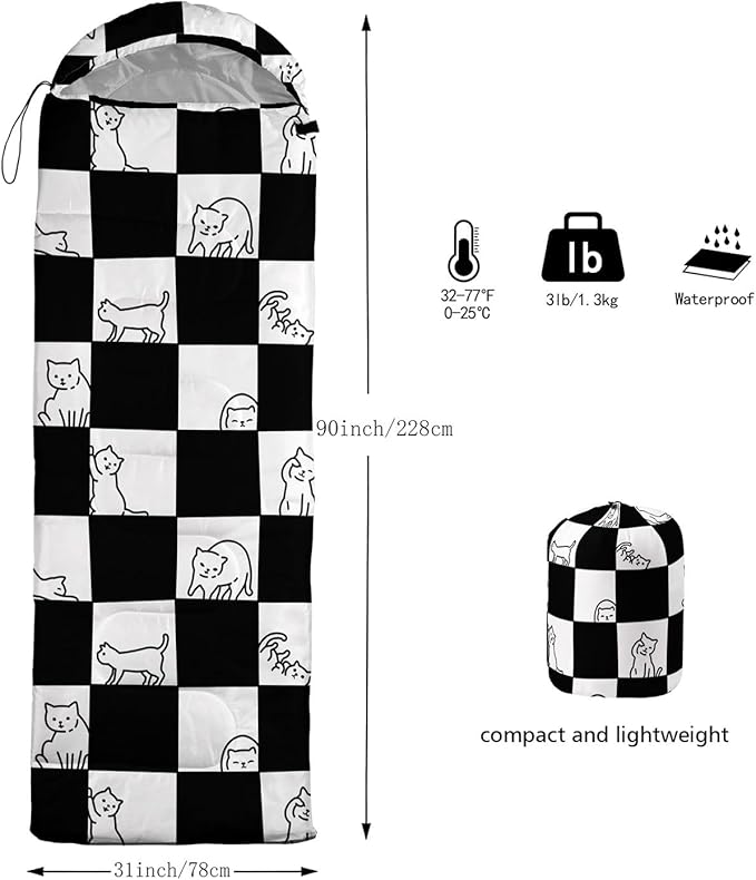 Kids Sleeping Bag for Boys Girls,Checkerboard Cat Print-Lightweight Warm Portable Outdoor Indoor-Waterproof Cold Weather Resistant Sleeping Bag for Camping Hiking