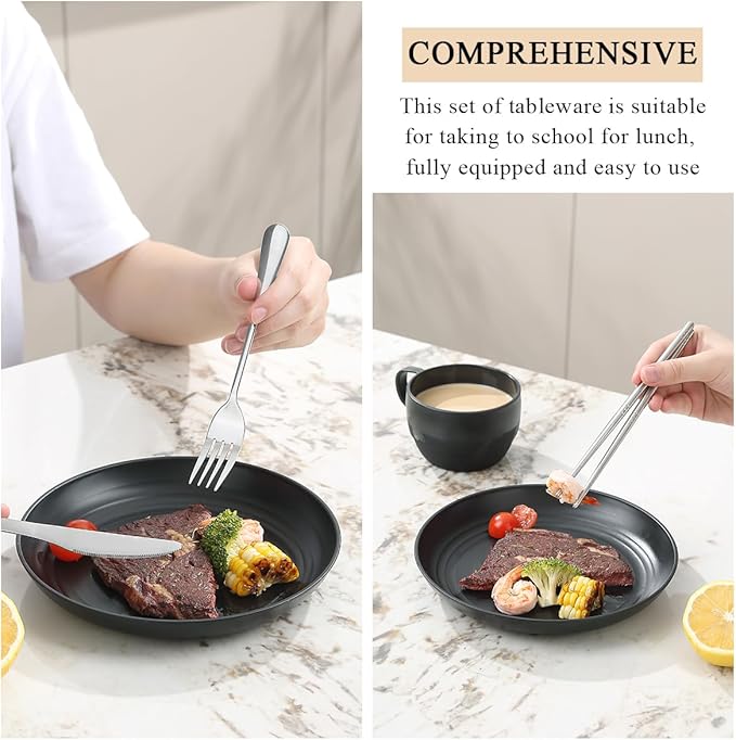 Camping Essentials Set, HOMQUEN Camping Plates and Bowls Set, Coffee Mug, Travel Cutlery Set Include Spoon, Fork, Knife for Work, Outdoor,Picnic, Camp (Black)
