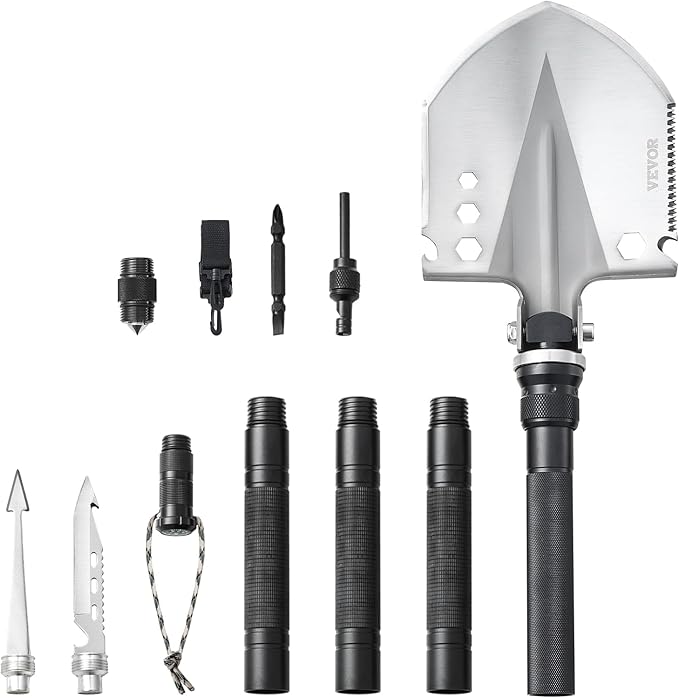 VEVOR Survival Shovel, 13 in 1 Camping Shovel Folding Multitool Kit, Portable and Compact, Stainless Steel, Multifunction for Off-Roading, Camping, Hiking, Outdoor, Survivalist and Emergency