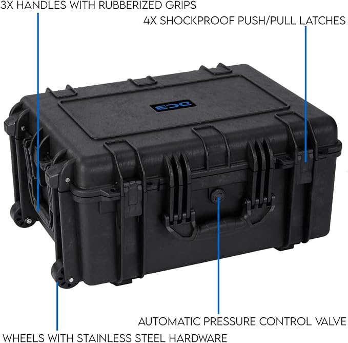 DCB Cases - Element 6104F | 24 x 19 x 11 Ext Dim | IP67 Waterproof | Pluck Foam Insert | Telescoping Handle | Rubberized Grips | Resin-Reinforced Injection Molded Plastic | 4 Latch Lid Close | Wheels