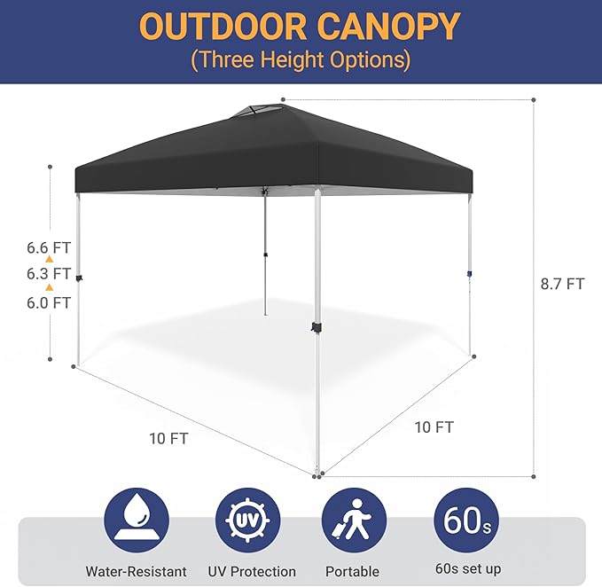 10x10 Pop Up Canopy - Instant Setup Beach Tent with Wheeled Carry Bag, 8 Sandbags & 4 Guy Lines - Portable Sun Shade for Camping, Events, Silver Coated Top, Black