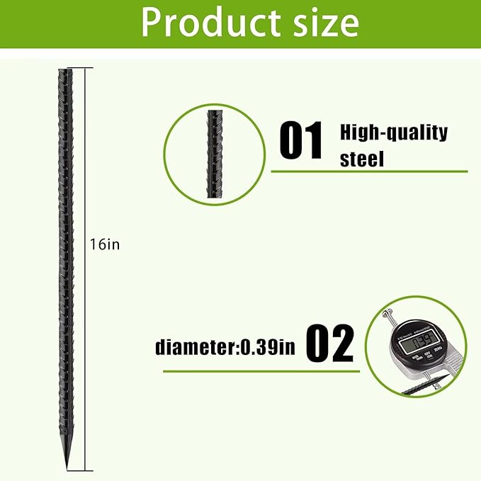 Straight-Rebar-Ground-Stakes 16Inch,Black Coated Straight Ground Anchors with Chisel Point End,Anti-Rust 6Pack Heavy Duty Steel Stakes for Landscape Timbers House Structure Plant Support in Garden
