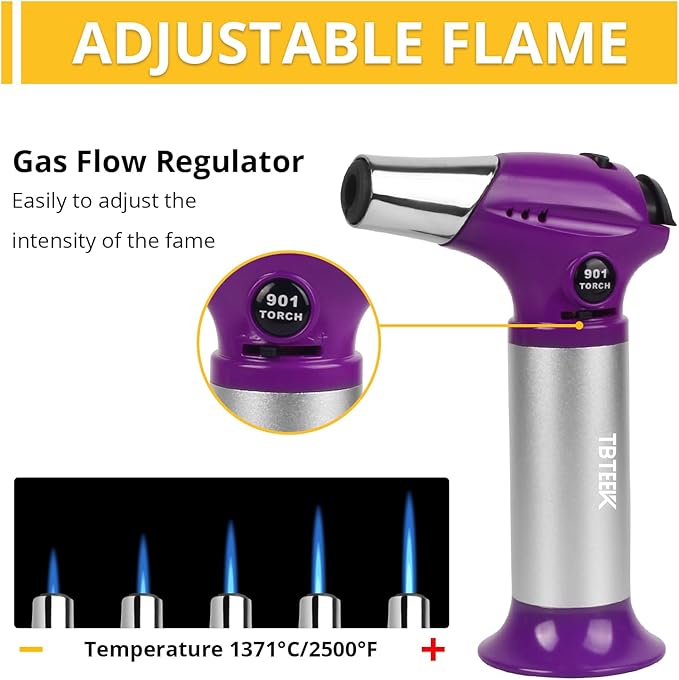 TBTEEK Butane Torch T901, Kitchen Torch Cooking Torch with Safety Lock & Adjustable Flame for Cooking, BBQ, Baking, Brulee, Creme, DIY Soldering(Butane Not Included), Purple