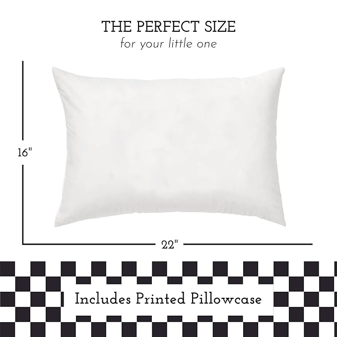 Little Sleepy Head Youth Pillow with Pillowcase 16x22, Soft Jumbo Toddler Pillows, Hypoallergenic Pillow Case - Best Kids Pillows for Sleeping, Perfect Kids Travel Pillows (Checkers Black)