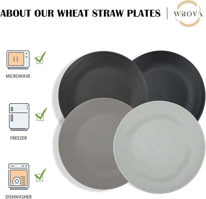 Wheat Straw Dinner Plates 10 Inch Unbreakable Set of 8 - Dishwasher & Microwave Safe Plastic Plates Reusable - Lightweight Plates for kitchen,camping,salad - Black to Grey