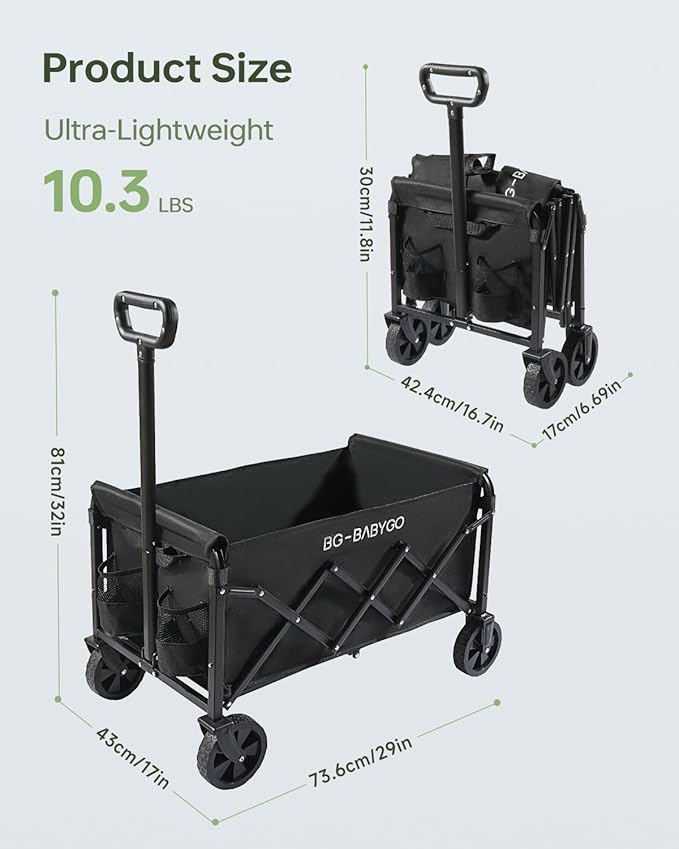 Collapsible Wagon Carts, Large Capacity Foldable Heavy Duty Garden Carts with Adjustable Handle, Utility Grocery Beach Wagon for Outdoor Camping, Shopping, Fishing and Sports - Black